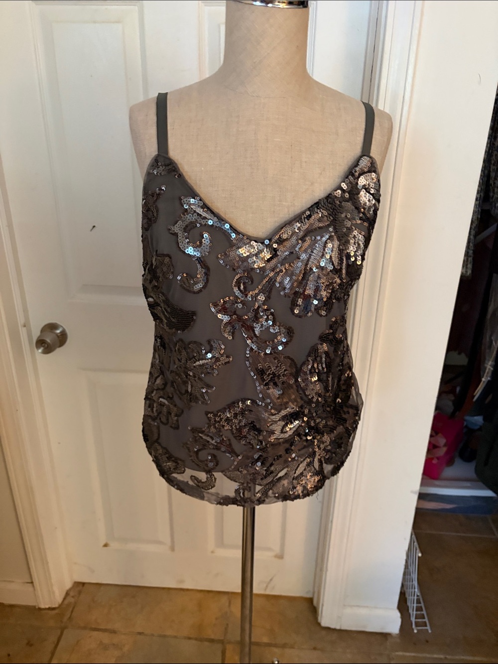 White House Black Market Charcoal Sequin Embellished Cami
